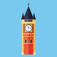 Illustration of a clock tower with a black spire against a blue background.