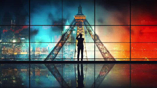 Businessman Silhouette Contemplating Global Scenery and Stock Market Fluctuations