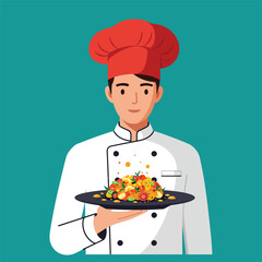 Illustration of a professional male chef in a white uniform and red toque presenting a gourmet dish on a plate.