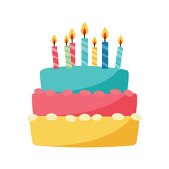 A colorful three-tiered birthday cake with lit candles on top.