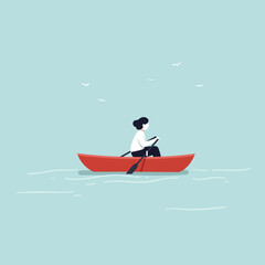 Person rowing a red boat on a calm body of water, illustration style.