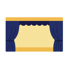A flat vector illustration of an empty theater stage with open blue curtains.