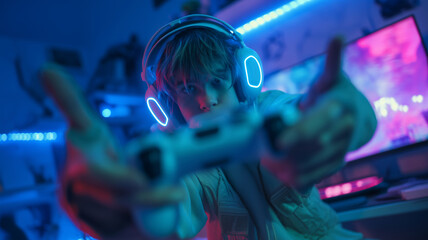 Teen enthusiast explores gaming world with haptic gloves in vibrant setting