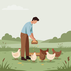 A man feeding chickens in a grassy field.