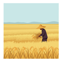 A farmer wearing a traditional conical hat harvests golden grain by hand in a vast, sunlit rural field.