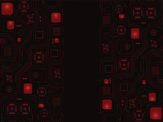 Circuit Board Technology: An abstract close-up view of a high-tech circuit board, illuminated with radiant red elements, symbolizing complex technology and digital interconnectedness. 