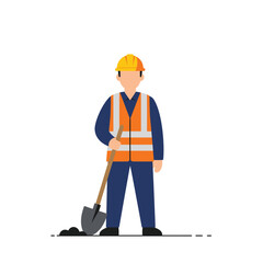 Illustration of a construction worker wearing a safety vest and helmet holding a shovel.