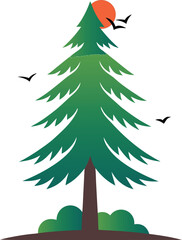 Pine tree with birds and sun in a colorful landscape