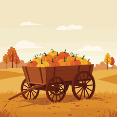 A wooden cart filled with pumpkins in an autumn landscape.