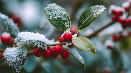 Winter holly berries covered in snow close up seasonal christmas winter holiday background nature photography