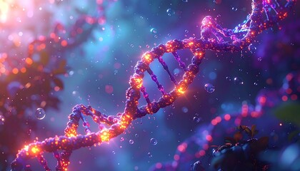 A vibrant and detailed illustration of a DNA strand, glowing with internal light, set against a blurred, colorful background