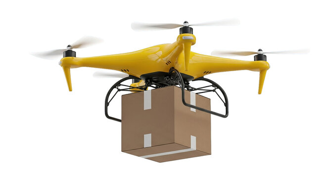A yellow delivery drone carries a brown box; concept of modern, efficient, and rapid distribution.