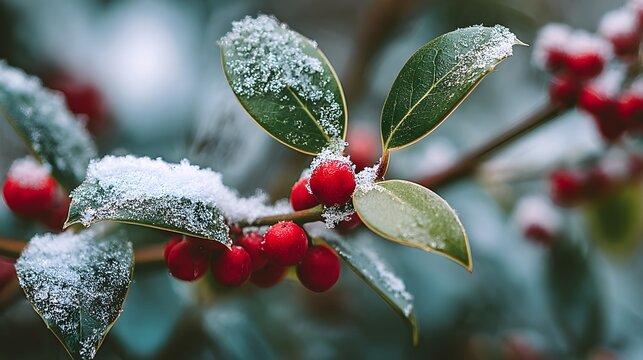 Winter holly berries covered in snow close up seasonal christmas winter holiday background nature photography - Powered by Adobe