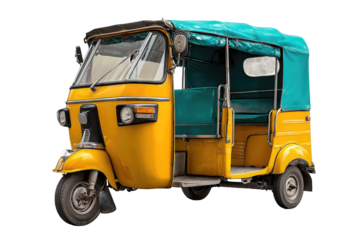 Three-wheeled tuk-tuk in 3/4 front view with subtle paint scuffs, isolated on transparent background.
