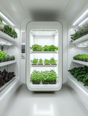 Modern indoor hydroponic system growing fresh herbs and greens under LED lights in a futuristic, energy-efficient environment.