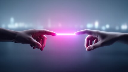 Hands Touching Hologram with Pink Light in Cinematic HDR Futuristic Style on Dark Blue Background