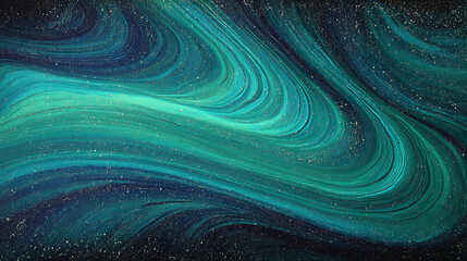 An abstract, mesmerizing pattern of swirling blue and green hues with subtle sparkles, evoking fluid motion or a cosmic nebula on a dark background.
