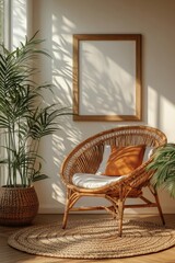 Wicker chair and floor vases near white wall with blank mockup poster frame. Boho interior design of modern living room. Created with, Generative AI