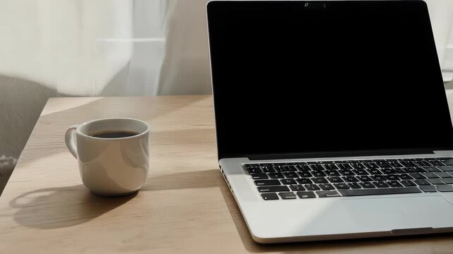 木製デスクに置かれたコーヒーカップとノートパソコン、自然光のミニマルなデスクシーン