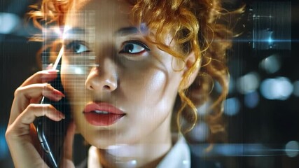 Connected Communication: A woman engaging in a sophisticated phone call, underscored by data overlay graphics, representing the forefront of technology and its seamless integration into modern life. - Powered by Adobe
