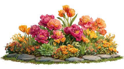 Lush flower bed with peonies, tulips, and marigolds in vivid fuchsia, orange, and yellow, isolated on transparent background.
