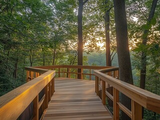 Obraz premium Serene wooden walkway in lush forest at sunrise, offering a tranquil escape amidst nature's beauty.
