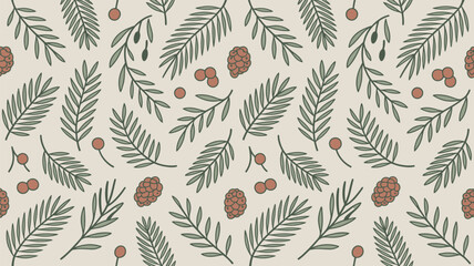 Seamless pattern of foliage with pine cones and berries on a light beige background illustration art