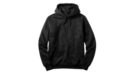 Vector illustration of a plain black hooded sweatshirt with a front pocket, isolated on a transparent background