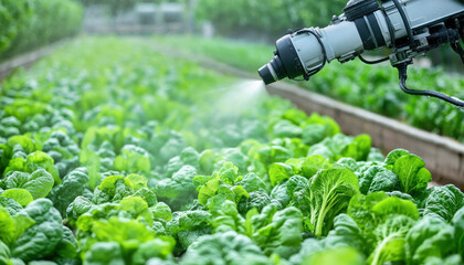 Robotic arm spraying over green plants in large greenhouse, autonomous future farming concept. Generative AI