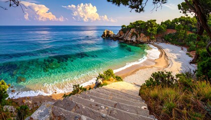 Naklejka premium Scenic beach vista with steps