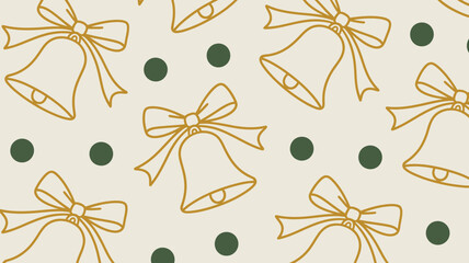 Seamless pattern of gold outline bells with bows and green dots on a cream colored background design