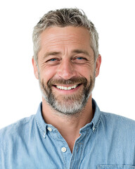 Fototapeta premium Smiling middle-aged man with salt-and-pepper hair and trimmed beard in light blue shirt, isolated on transparent background. 