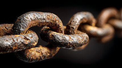 Fototapeta premium A detailed close-up of a heavily rusted, weathered metal chain, with a shallow depth of field, stretching across a rough, industrial surface under diffuse lighting. 