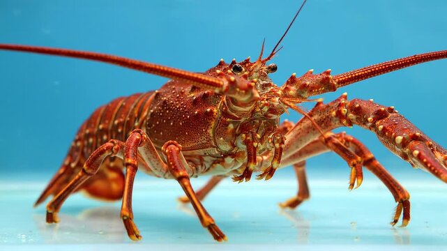 A red spiny lobster stands against a blue background showcasing its prominent antennae and speckled shell
