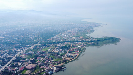 Aerial view of bukavu city, democratic republic of the congo, on lake kivu shoreline