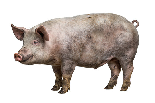 Detailed pig figure with darker hoof tips and soft rim light, isolated on transparent background.
