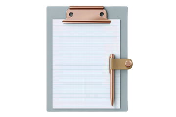 Clipboard with recycled gray board and copper clip holding grid sheet, isolated on transparent background.