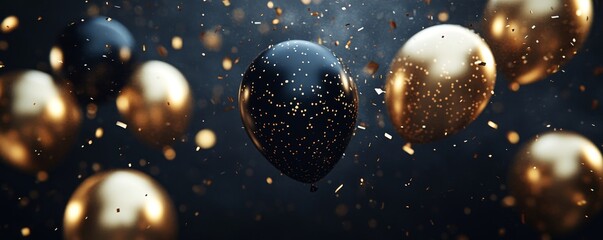 Black and golden balloons and confetti on dark background. Birthday, holiday or party background. Banner with empty space for text. Festive greeting card. Created with, Generative AI