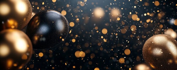 Black and golden balloons and confetti on dark background. Birthday, holiday or party background. Banner with empty space for text. Festive greeting card. Created with, Generative AI