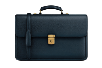 Designer briefcase in midnight-blue pebble-grain leather with brass lock, isolated on transparent background.
