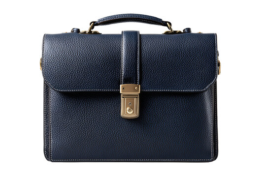Designer briefcase in midnight-blue pebble-grain leather with brass lock, isolated on transparent background.
 - Powered by Adobe