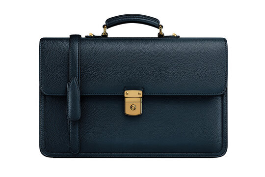 Designer briefcase in midnight-blue pebble-grain leather with brass lock, isolated on transparent background.
 - Powered by Adobe