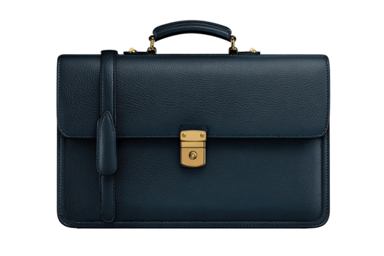 Designer briefcase in midnight-blue pebble-grain leather with brass lock, isolated on transparent background.
 - Powered by Adobe