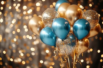 Holiday background with golden and blue metallic balloons, confetti and ribbons. Festive card for birthday party, anniversary, new year, christmas or other events. Created with, Generative AI