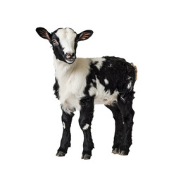 Small domestic black and white kid goat staring into camera, isolate on transparent white background