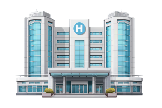 Modern hospital exterior with two blue wings, isolated on transparent background.