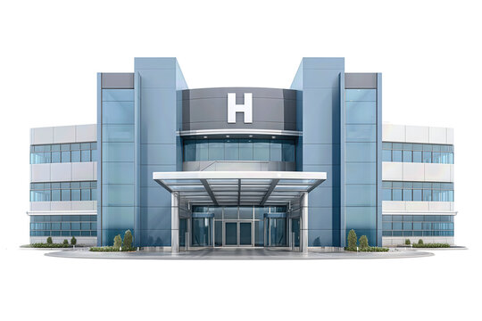 Modern hospital exterior with two blue wings, isolated on transparent background.