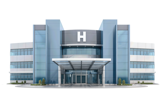 Modern hospital exterior with two blue wings, isolated on transparent background.