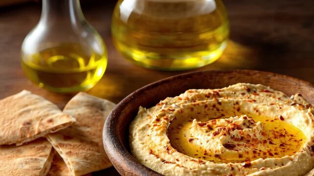 Hummus Feast: A rustic wooden bowl overflowing with creamy hummus, a true feast for the eyes, complemented by warm pita bread and a splash of oil. An ode to authentic cuisine.