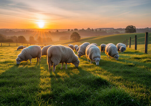 Sheep grazing on a lush green pasture during a beautiful sunrise